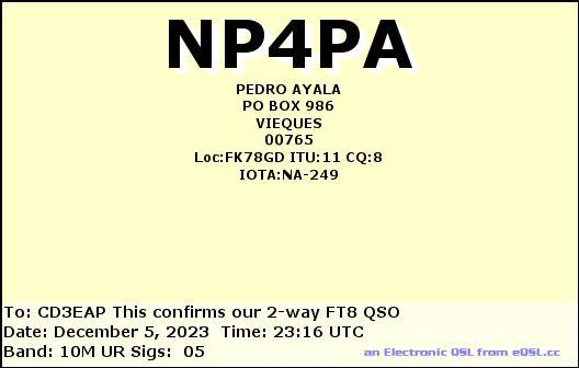 Imagen de tarjeta QSL de NP4PA